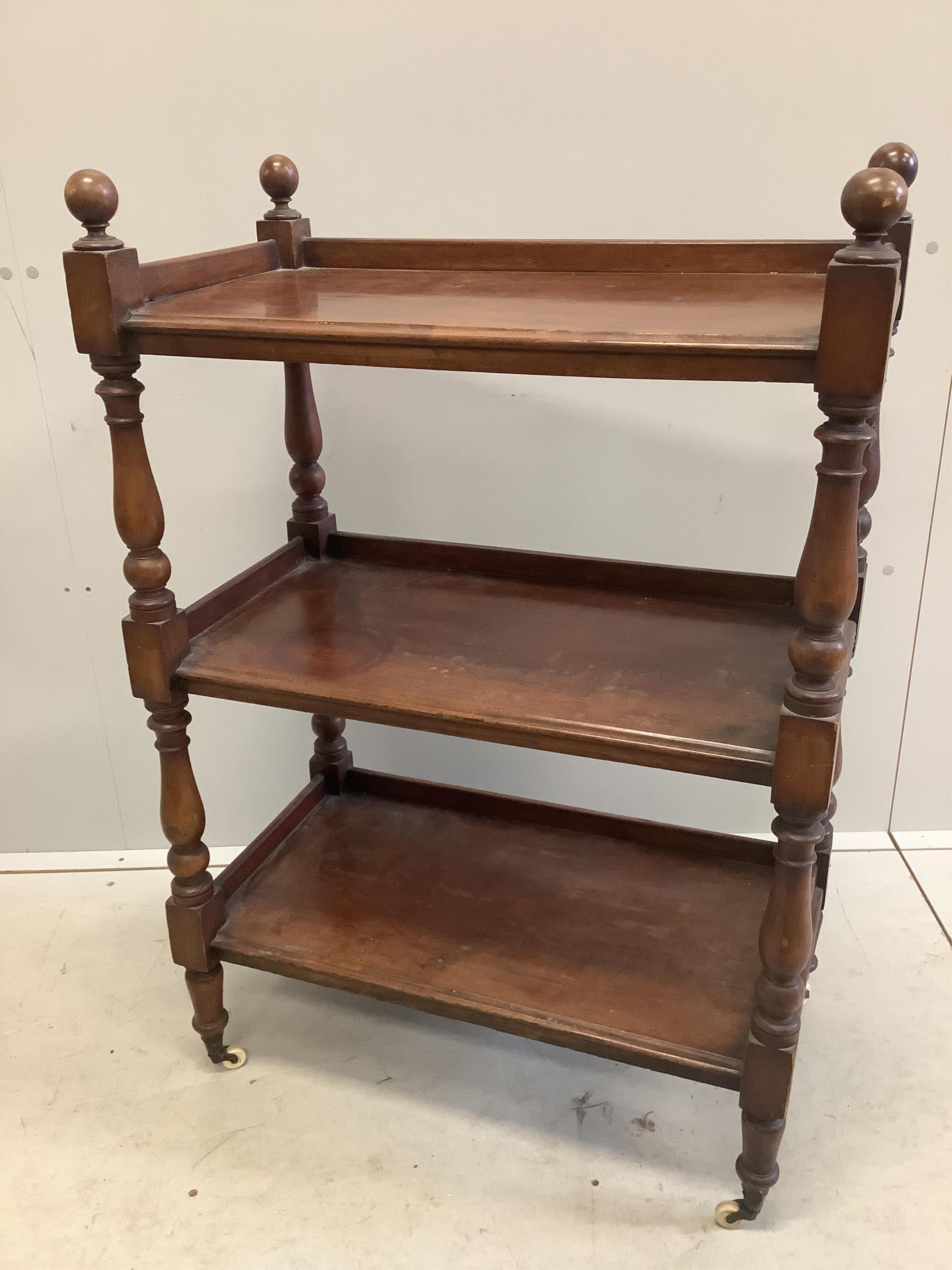 A small late Victorian mahogany three tier buffet, width 70cm, depth 38cm, height 103cm, together with a late Victorian mahogany four tier whatnot. Condition - fair